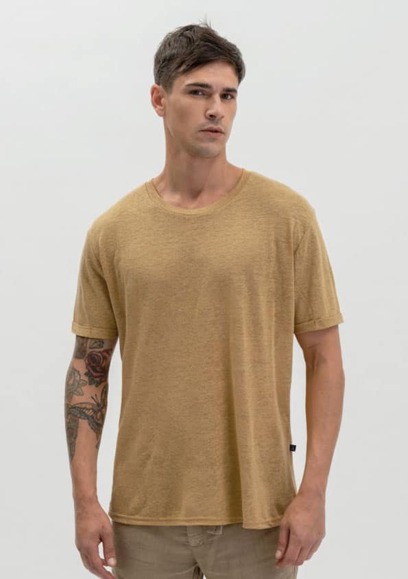 Gianni Lupo Ανδρικό Λινό T-shirt Basic Κάμελ - GL087Q-CAMEL