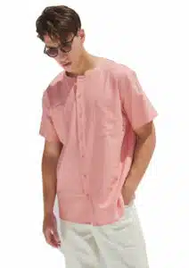 P/COC Ανδρική Κοντομάνικη Μπλούζα Λινή με Τσέπες Ροζ - P-1477-PINK