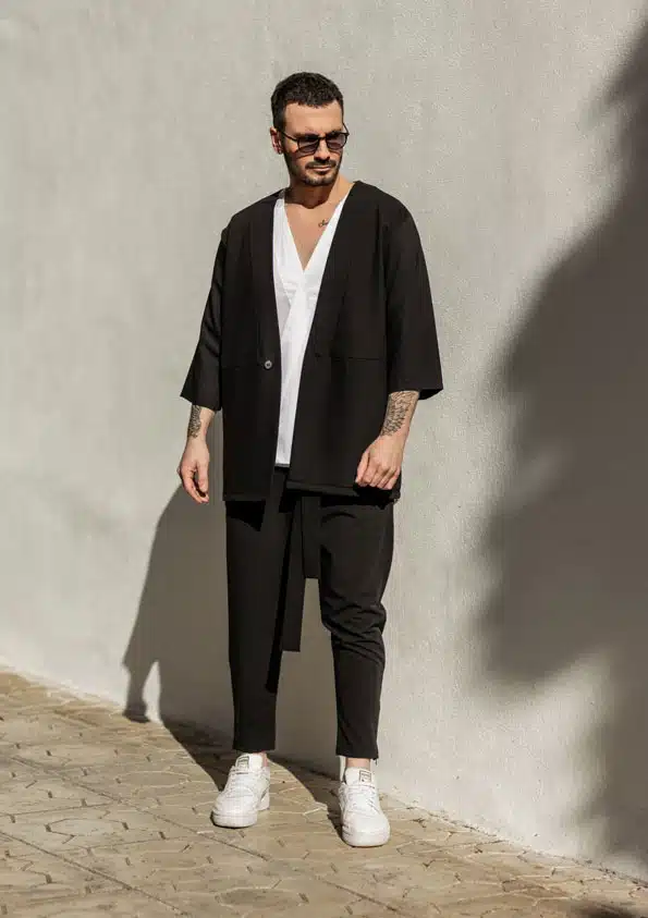 Hunter Guy Ανδρικό Υφασμάτινο Παντελόνι με Ζώνη και Λάστιχο στη Μέση Μαύρο - JAPAN