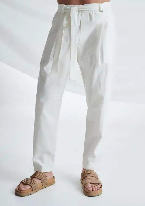P/COC Ανδρικό Παντελόνι Λινό με Λάστιχο στη Μέση και Ζώνη Λευκό - P-1605-NATURE