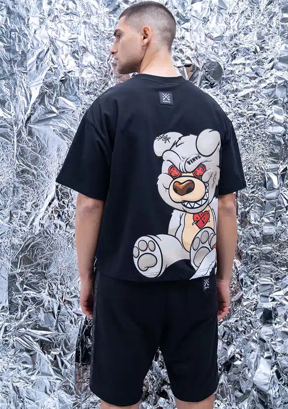 Vinyl Ανδρικό T-shirt με Στάμπα Bear στη Πλάτη Μαύρο - 11089-01