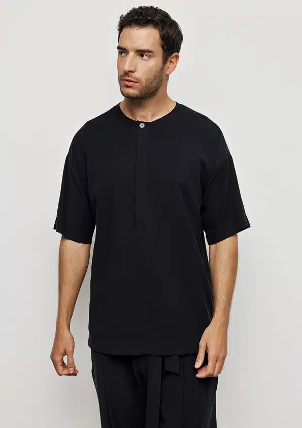 P/COC Ανδρικό Κοντομάνικο Μπλουζάκι με Κρυφή Πατιλέτα με Κουμπί Μαύρο - P-1823-BLACK