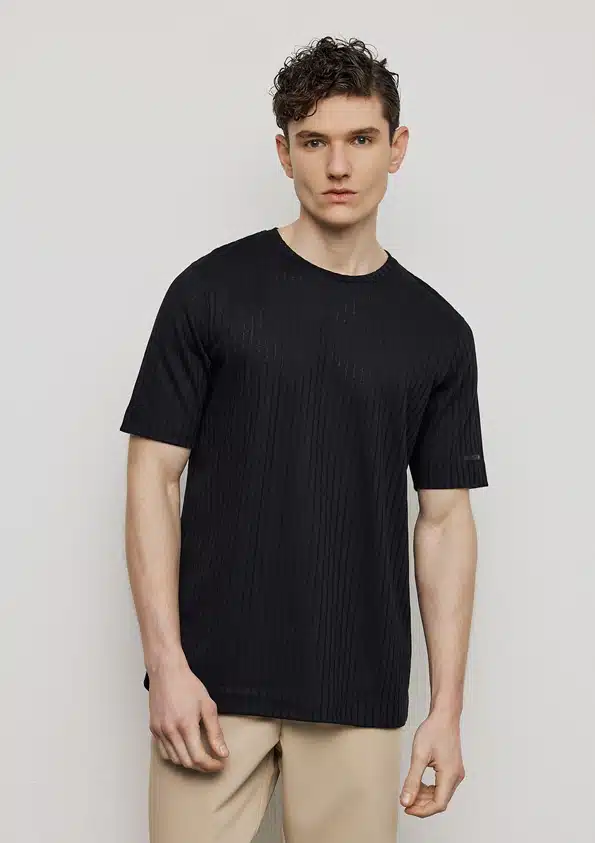 P/COC Ανδρικό T-Shirt με Ιδιαίτερο Ύφασμα και Στρογγυλή Λαιμόκοψη Μαύρο - P-1878-BLACK